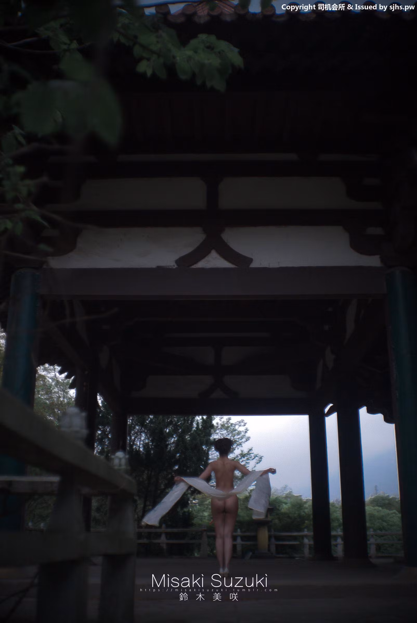 铃木美咲身穿粉色薄纱汉服在古典庭院石栏前展现优雅姿势